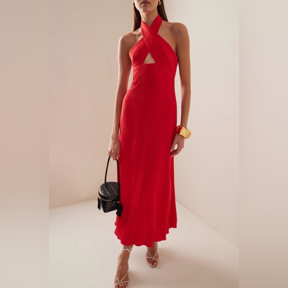 $1250 NWT Johanna Ortiz Runway 100% Silk Red Heart Cutout Halter Maxi Dress - Picture 2 of 16